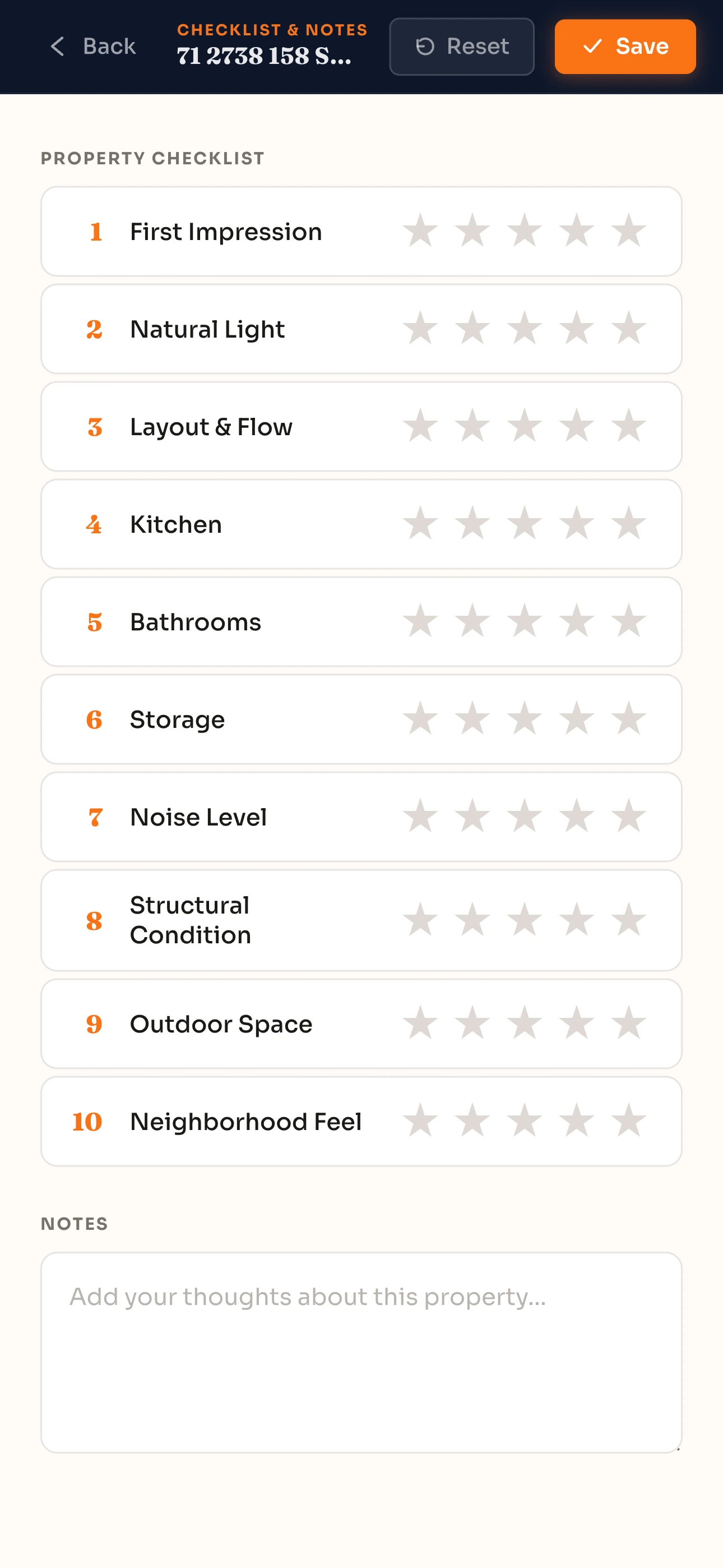 Tour 21 on mobile — checklist and star ratings open during a house showing