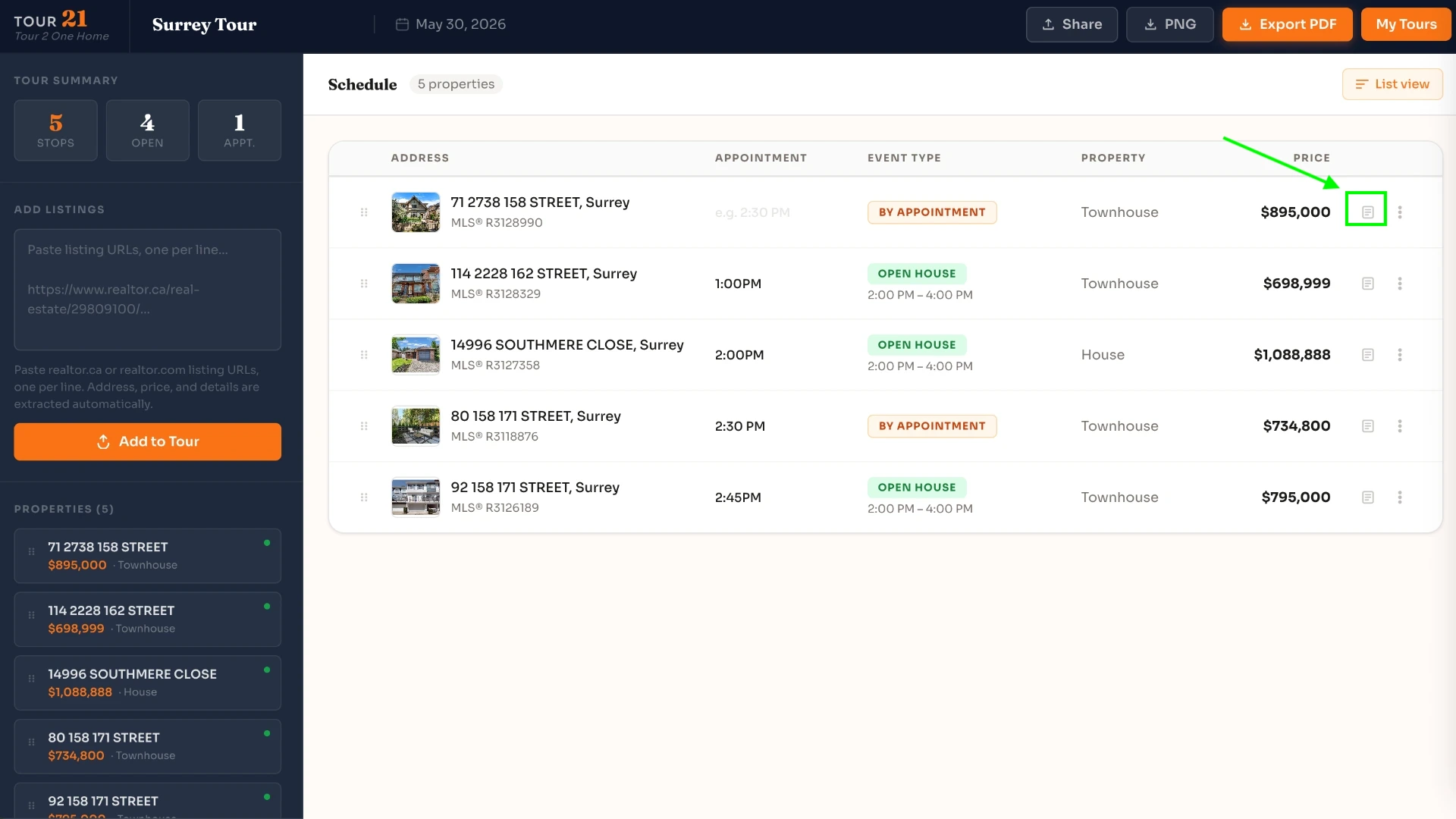 Tour 21 — note panel open on a property card with 1-to-5 star ratings and a text field